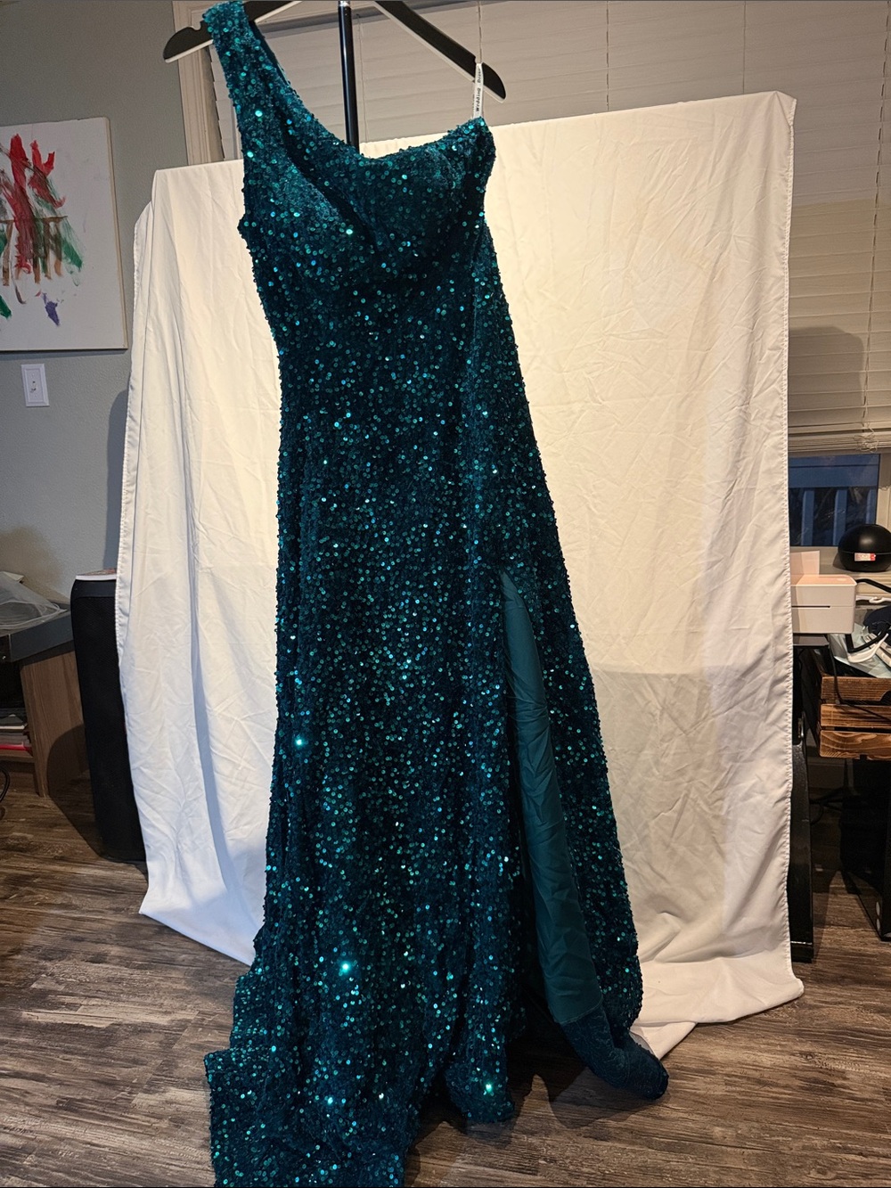 Sequined One-Shoulder Evening Gown - Teal